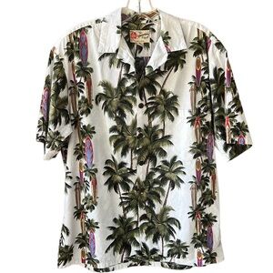 Hilo Hattie 100% Cotton Men Hawaiian Button Down Shirt Surfboard & Palm Novelty
